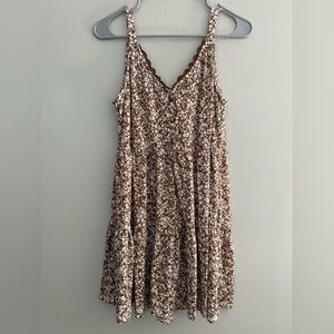Brown and White Ditsy Floral Tiered Dress